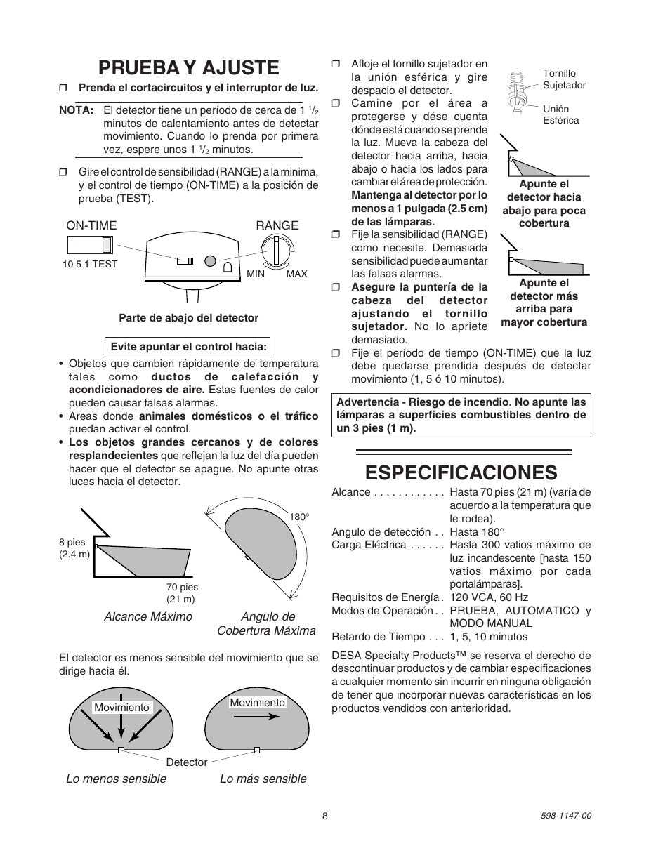 Prueba y ajuste, Especificaciones | Heath Zenith SL-9526 User Manual | Page 8 / 16