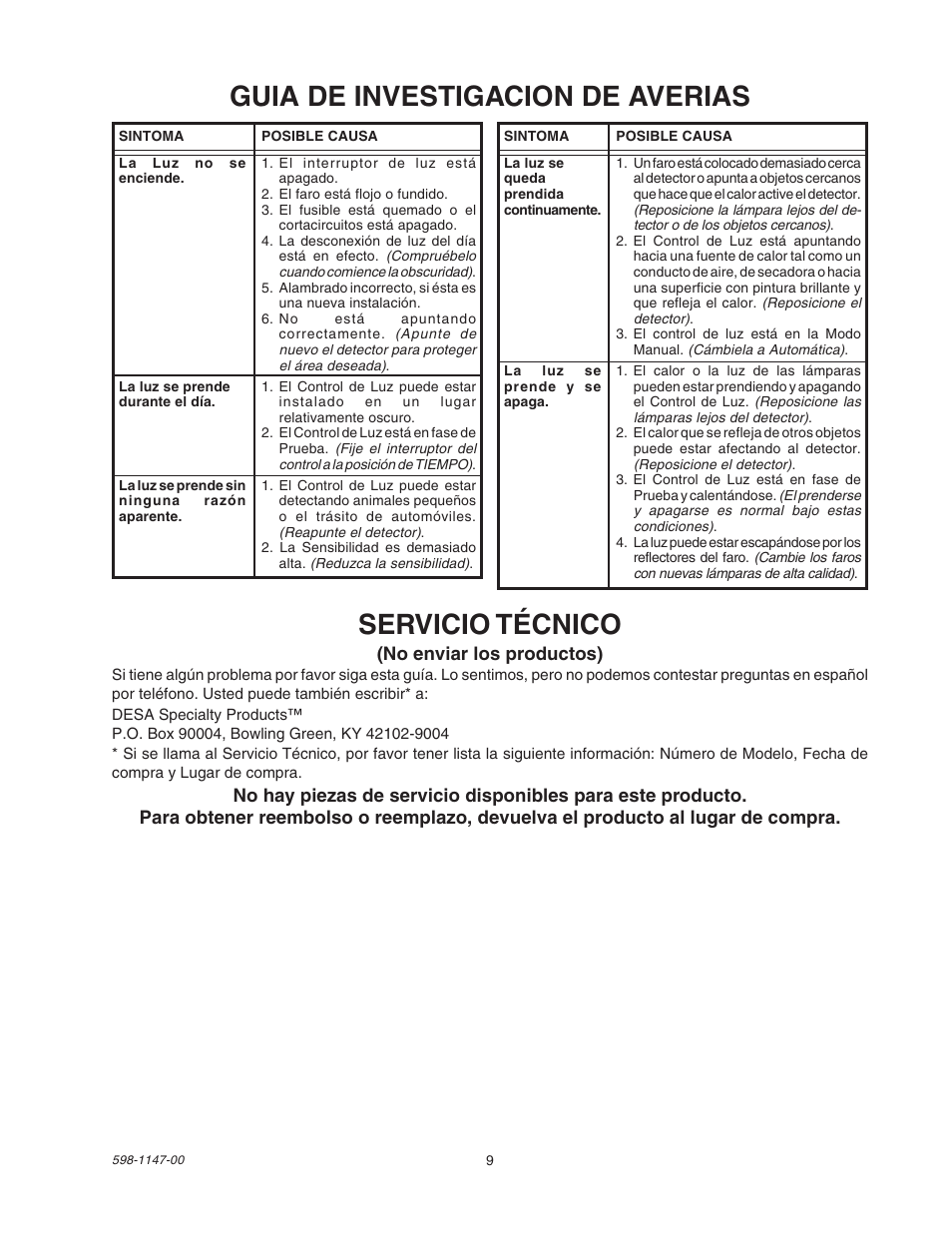 Guia de investigacion de averias, Servicio técnico | Heath Zenith SL-9526 User Manual | Page 9 / 16