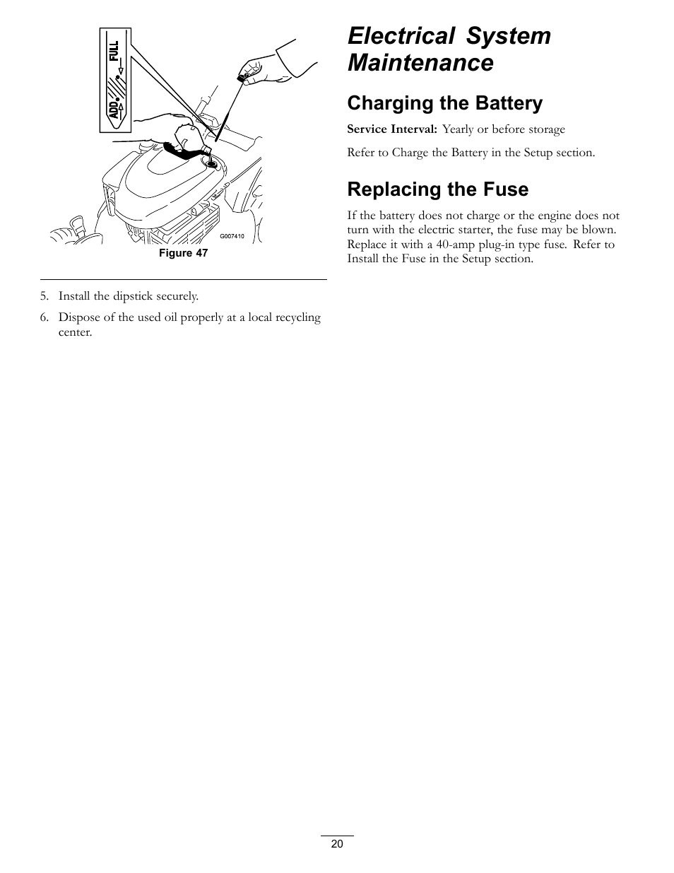 Figure 47), Electrical system maintenance, Charging the battery | Replacing the fuse | Hayter Mowers R53S and R53A Recycling Mower 111-2842 Rev B User Manual | Page 20 / 28