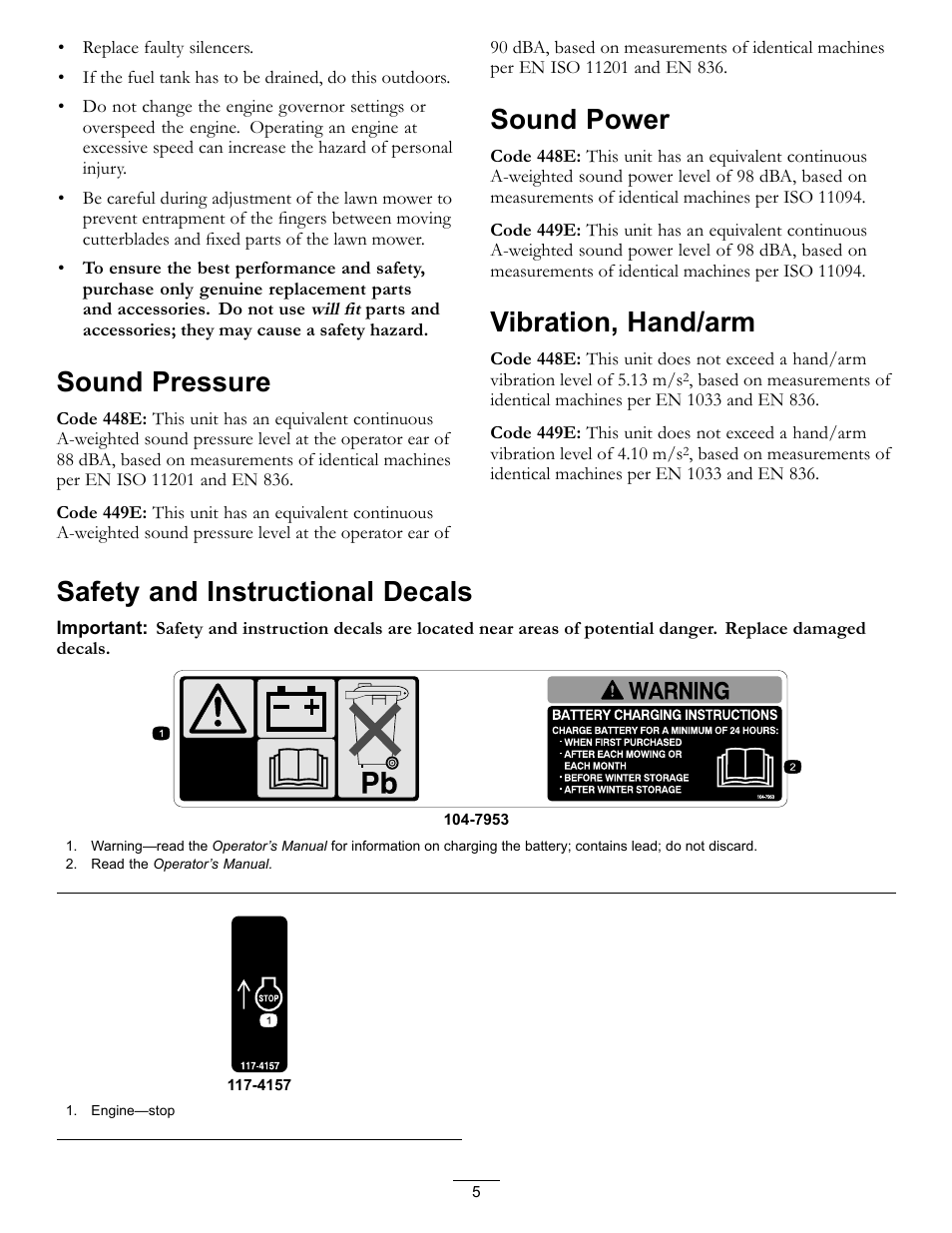 Sound pressure, Sound power, Vibration, hand/arm | Safety and instructional decals | Hayter Mowers R53S and R53A Recycling Mower 111-2842 Rev B User Manual | Page 5 / 28