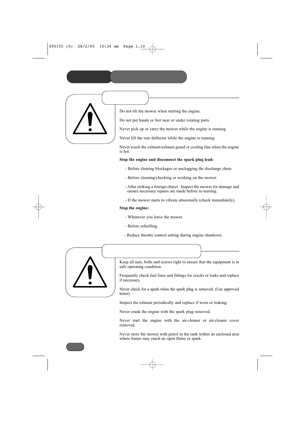 Safety precautions, Operation maintenance & storage | Hayter Mowers 005C User Manual | Page 10 / 36