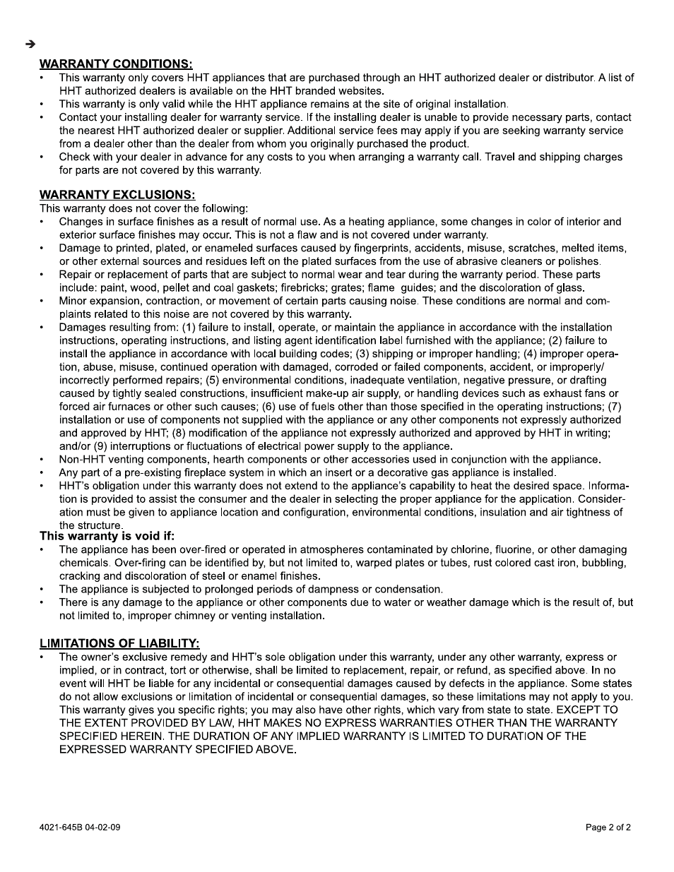 D. limited lifetime warranty (continued) | Heat & Glo Fireplace MTL-INSERT User Manual | Page 39 / 40