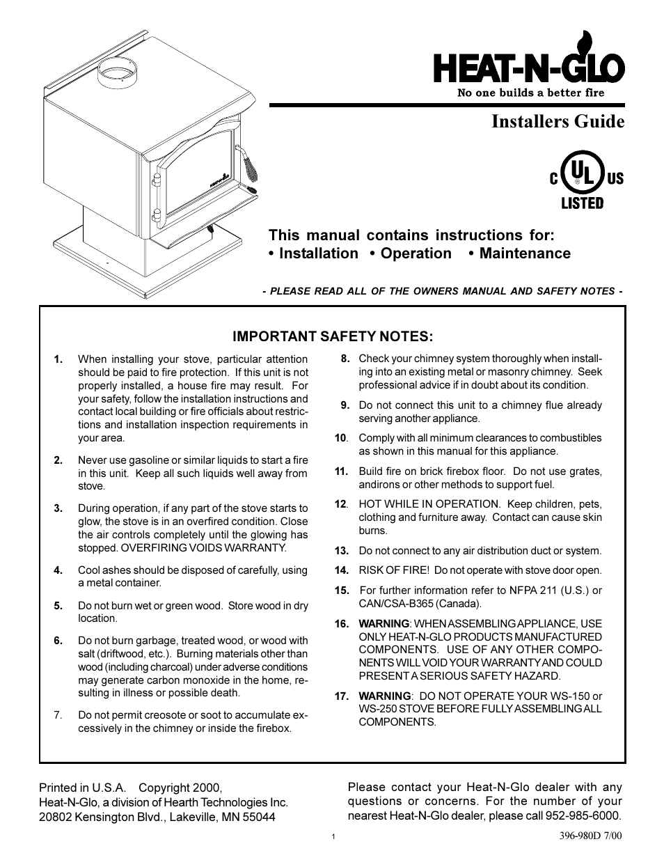 Heat & Glo Fireplace WS-250 User Manual | 27 pages