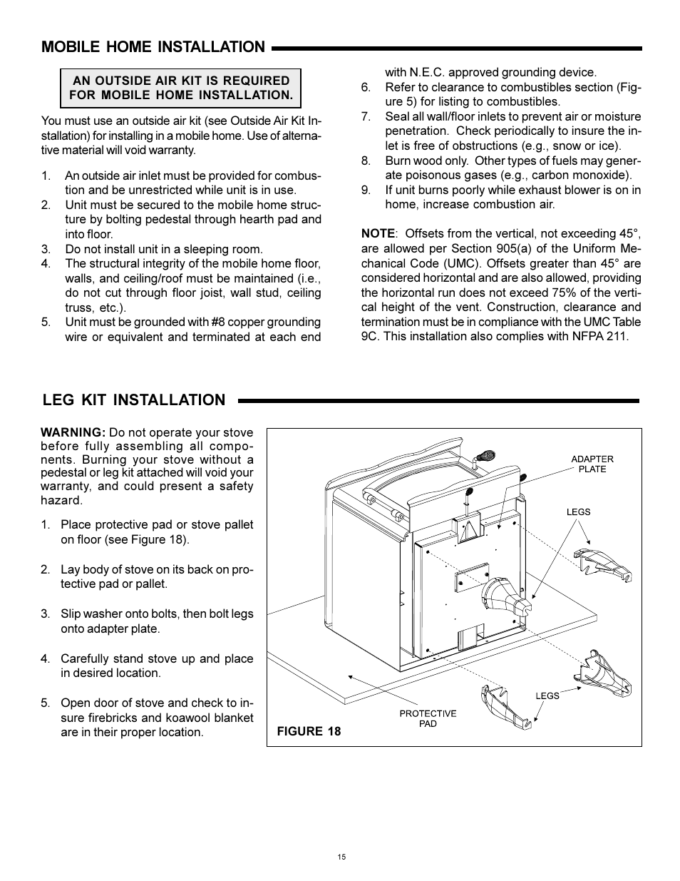 Mobile home installation, Leg/kit installation, Leg kit installation | Heat & Glo Fireplace WS-250 User Manual | Page 15 / 27