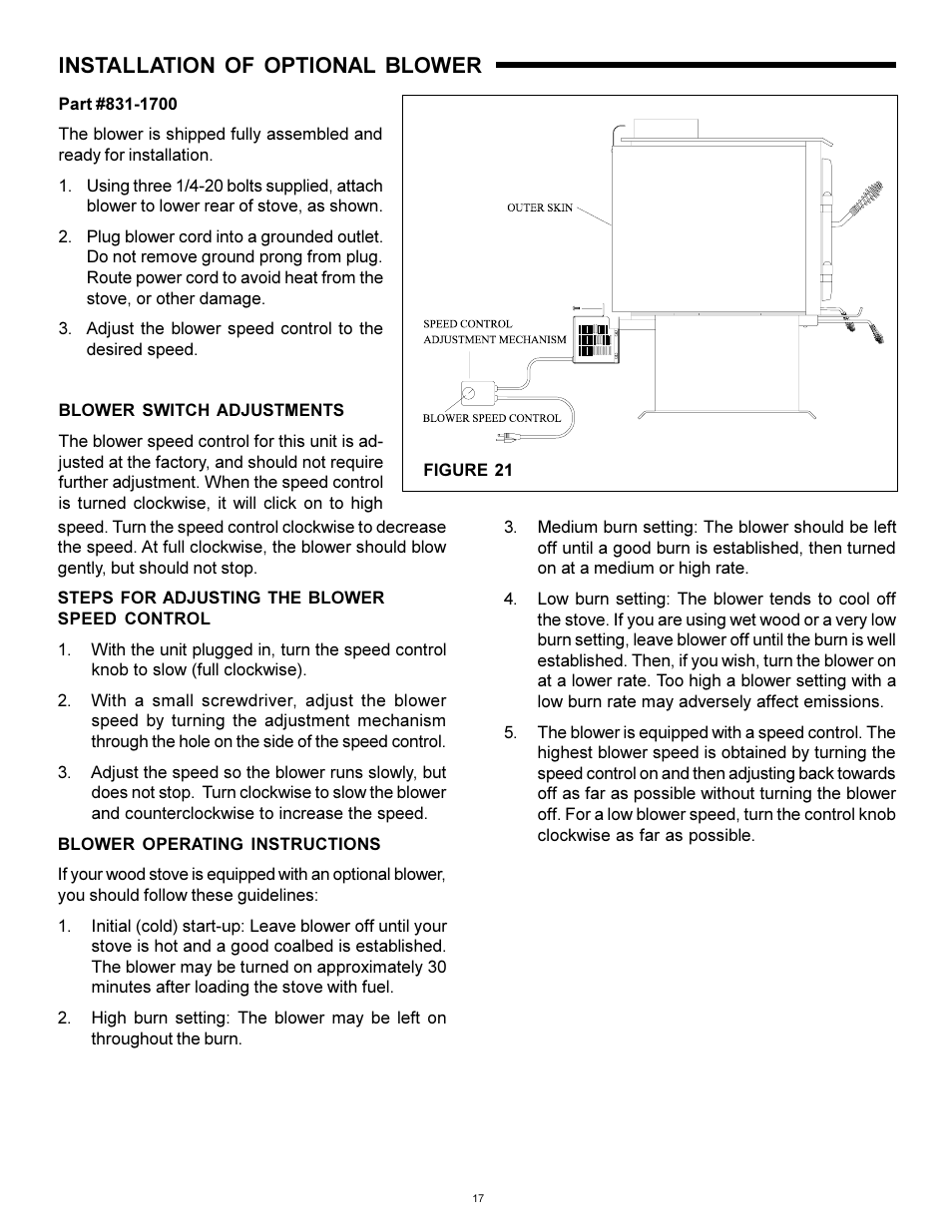 Optional blower, Installation of optional blower | Heat & Glo Fireplace WS-250 User Manual | Page 17 / 27