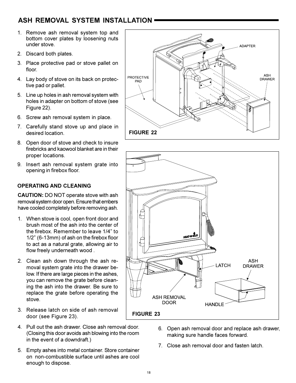 Ash removal system, Ash removal system installation | Heat & Glo Fireplace WS-250 User Manual | Page 18 / 27