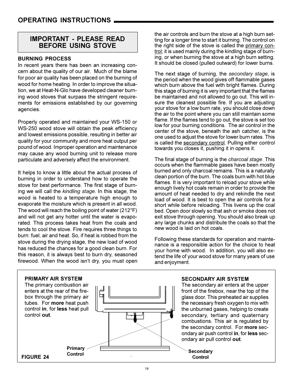 Operating instructions | Heat & Glo Fireplace WS-250 User Manual | Page 19 / 27