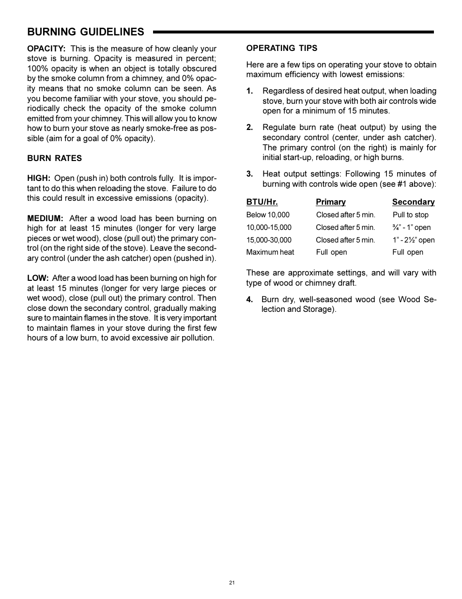 Burning guidelines | Heat & Glo Fireplace WS-250 User Manual | Page 21 / 27