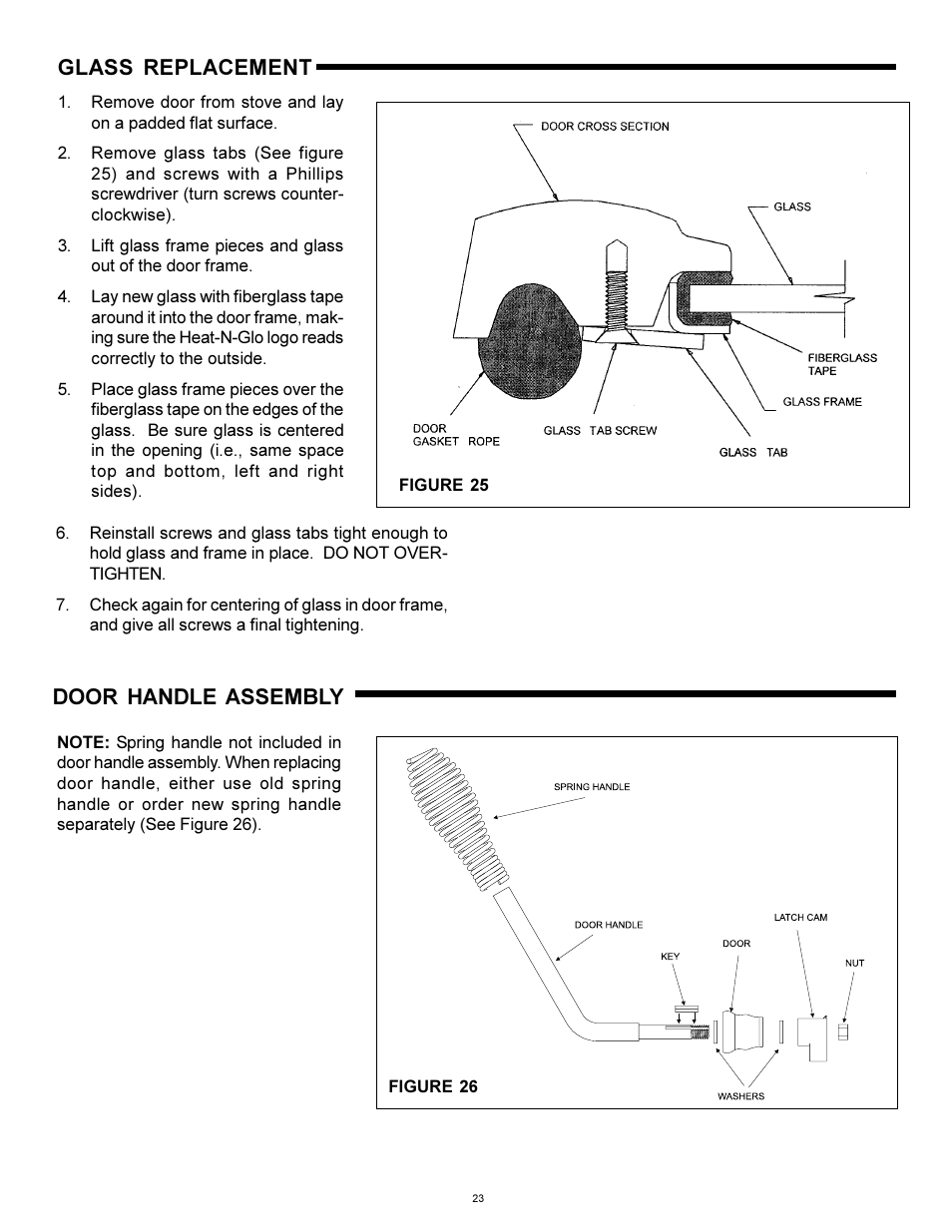 Glass replacement, Door handle assembly | Heat & Glo Fireplace WS-250 User Manual | Page 23 / 27