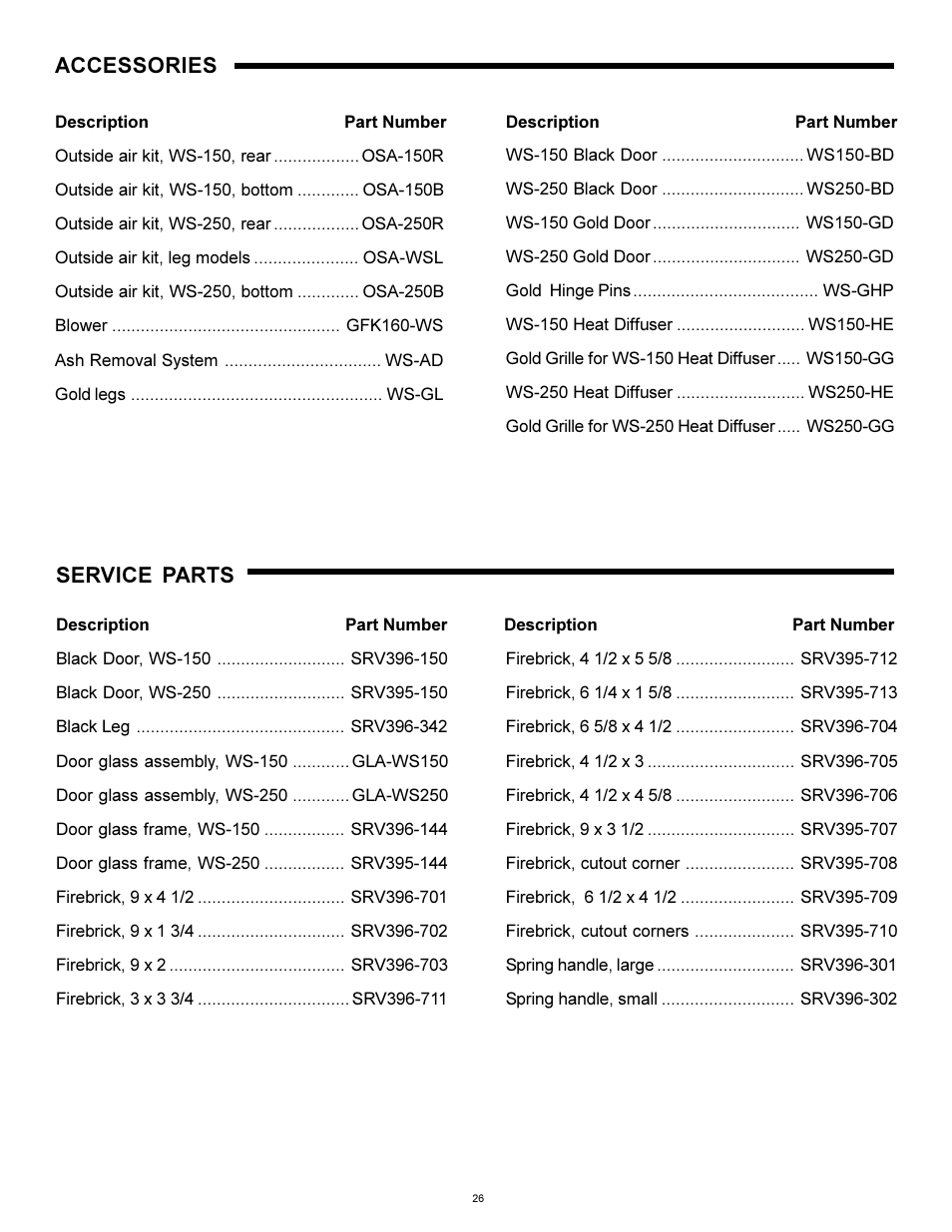 Accessories and service parts, Accessories, Service parts | Heat & Glo Fireplace WS-250 User Manual | Page 26 / 27