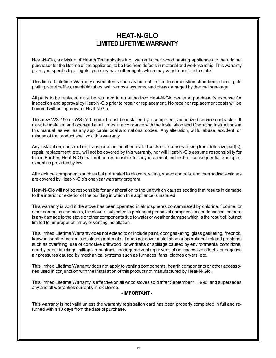 Warranty, Heat-n-glo, Limited lifetime warranty | Heat & Glo Fireplace WS-250 User Manual | Page 27 / 27
