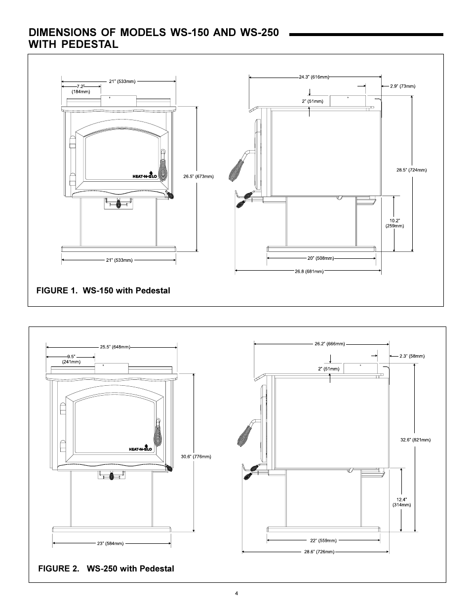 Dimensions | Heat & Glo Fireplace WS-250 User Manual | Page 4 / 27