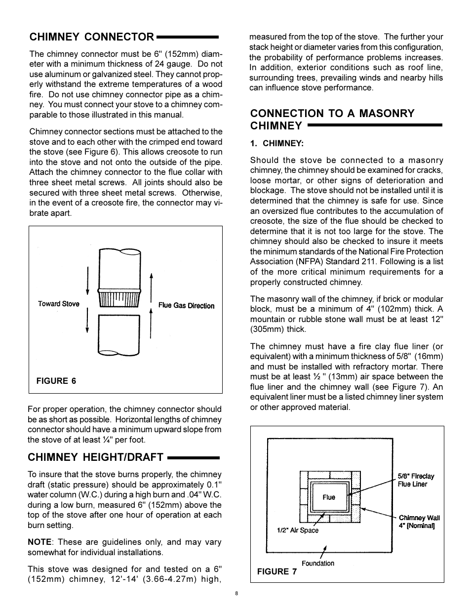 Chimney connector, Chimney height/draft, Connection to masonry chimney | Connection to a masonry chimney | Heat & Glo Fireplace WS-250 User Manual | Page 8 / 27