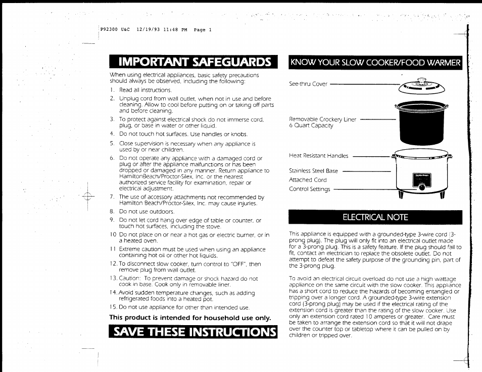 Important safeguards, Save these instructions | Hamilton Beach P92300 User Manual | Page 2 / 4