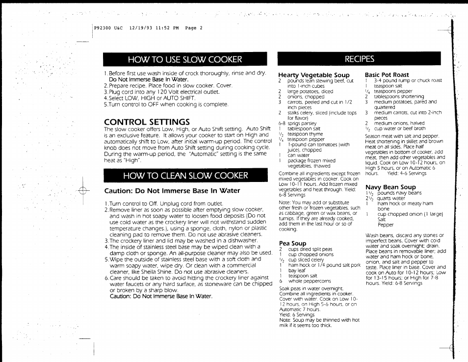 How to use slow cooker recipes, Control settings | Hamilton Beach P92300 User Manual | Page 4 / 4