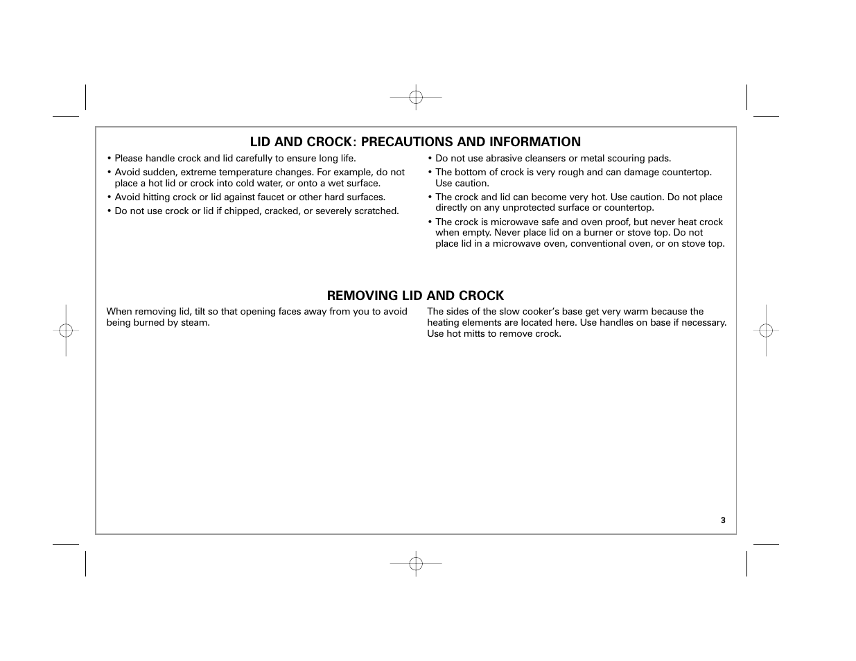 Lid and crock: precautions and information, Removing lid and crock | Hamilton Beach 33163H User Manual | Page 3 / 32