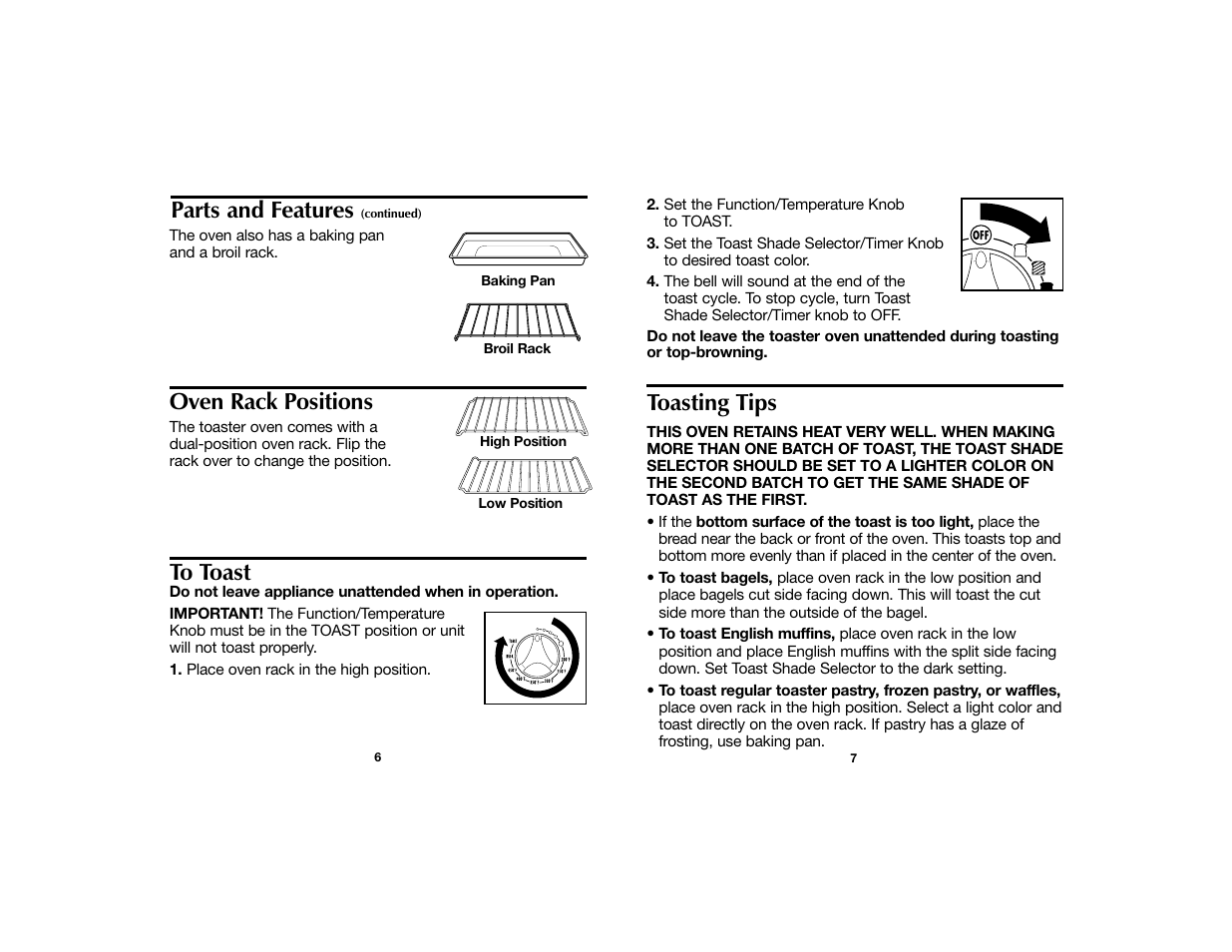 Toasting tips, Oven rack positions, Parts and features | Hamilton Beach 840099300 User Manual | Page 4 / 8