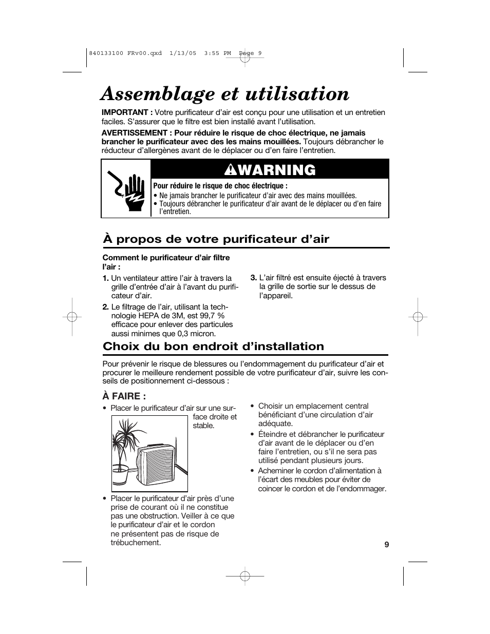 Assemblage et utilisation, Wwarning, Choix du bon endroit d’installation | À propos de votre purificateur d’air | Hamilton Beach TrueAir HEPA User Manual | Page 9 / 20