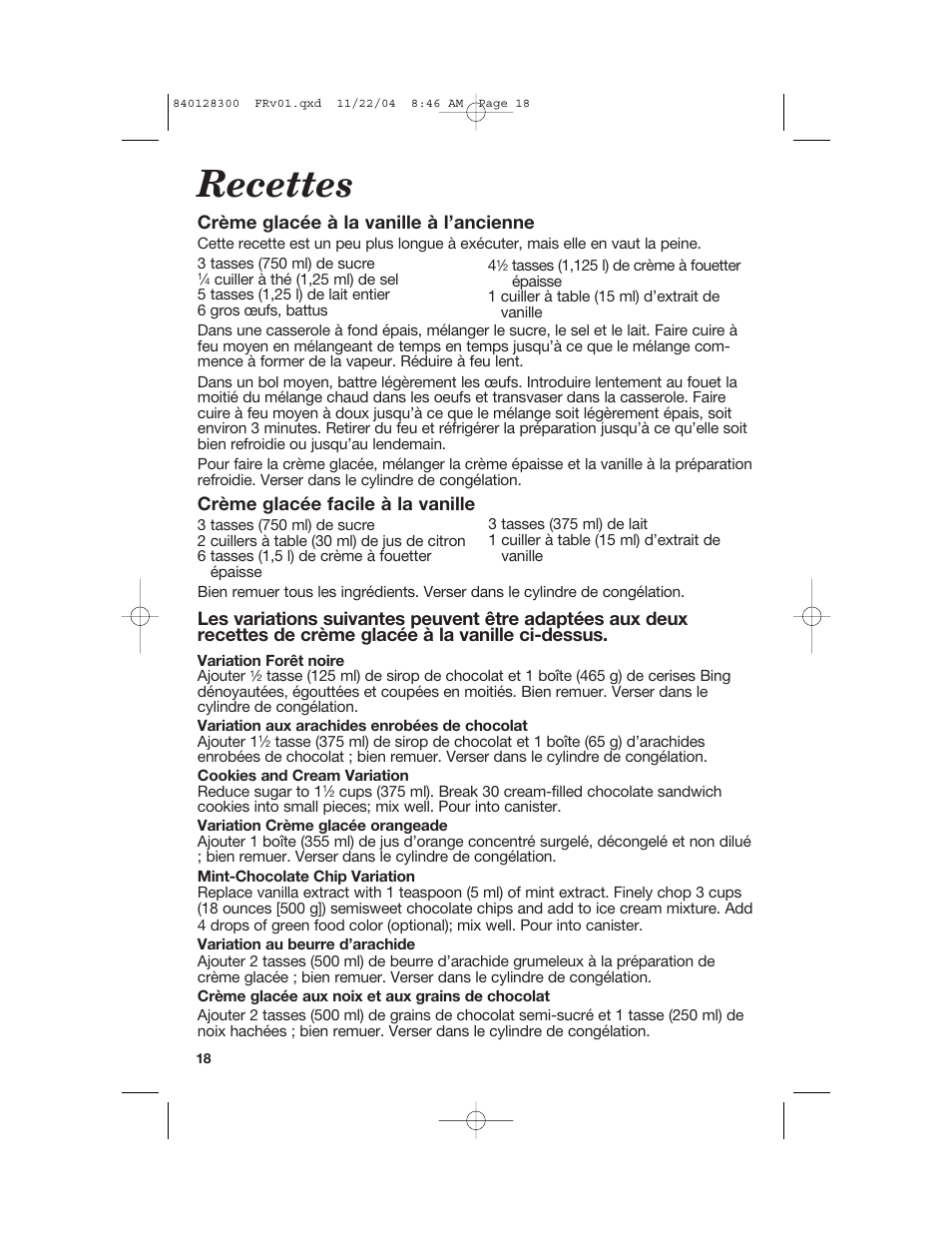 Recettes, Crème glacée à la vanille à l’ancienne, Crème glacée facile à la vanille | Hamilton Beach 68330 User Manual | Page 18 / 32