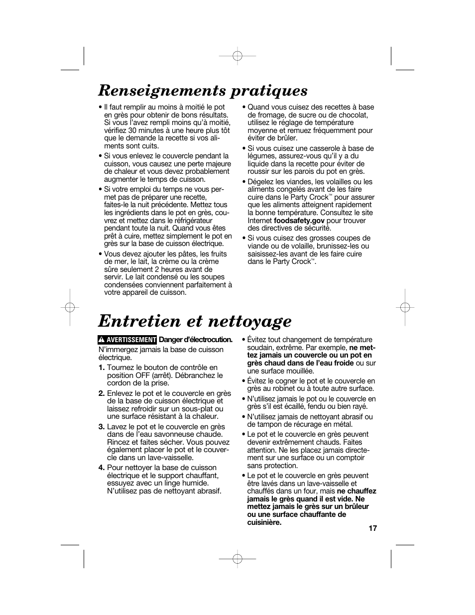 Entretien et nettoyage, Renseignements pratiques | Hamilton Beach Party Crock 840149601 User Manual | Page 17 / 36