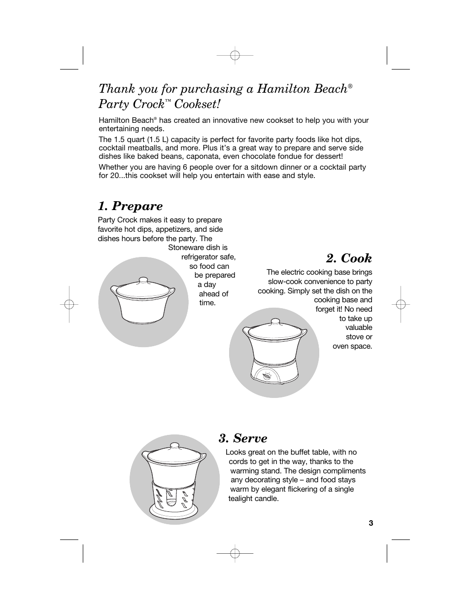 Serve, Prepare, Cook | Party crock, Cookset | Hamilton Beach Party Crock 840149601 User Manual | Page 3 / 36