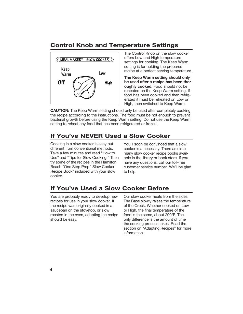 Control knob and temperature settings | Hamilton Beach 840056100 User Manual | Page 4 / 8