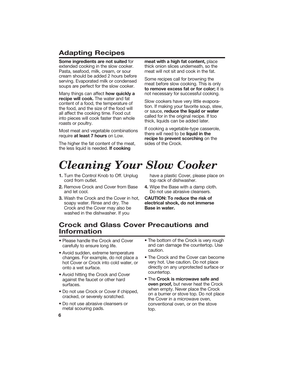 Cleaning your slow cooker, Adapting recipes, Crock and glass cover precautions and information | Hamilton Beach 840056100 User Manual | Page 6 / 8