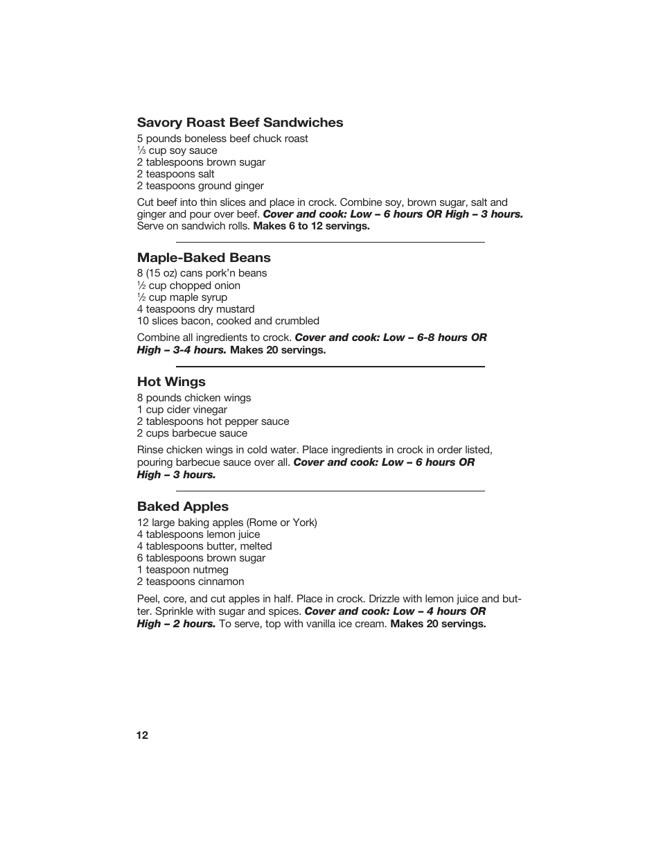 Savory roast beef sandwiches, Maple-baked beans, Hot wings | Baked apples | Hamilton Beach 840133300 User Manual | Page 12 / 13