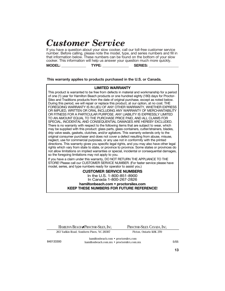 Customer service | Hamilton Beach 840133300 User Manual | Page 13 / 13