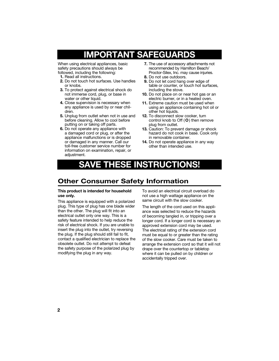 Important safeguards save these instructions, Other consumer safety information | Hamilton Beach 840133300 User Manual | Page 2 / 13