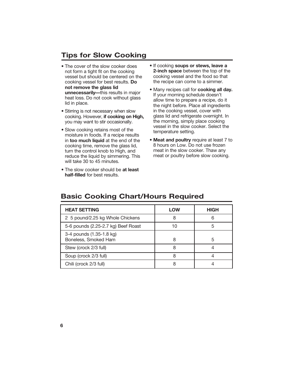 Basic cooking chart/hours required, Tips for slow cooking | Hamilton Beach 840133300 User Manual | Page 6 / 13
