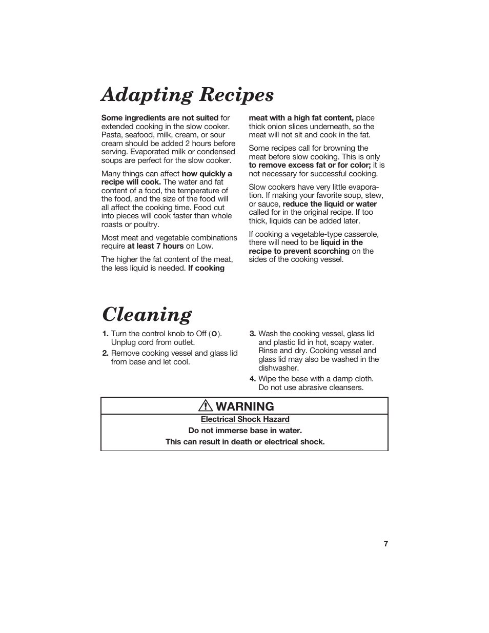 Adapting recipes, Cleaning, Warning | Hamilton Beach 840133300 User Manual | Page 7 / 13