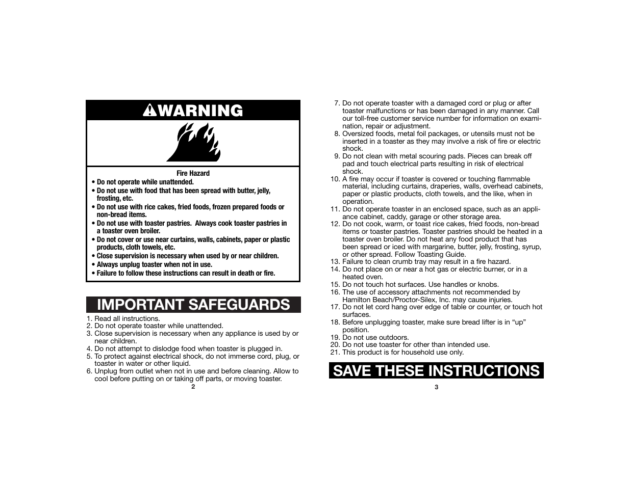 Wwarning, Important safeguards, Save these instructions | Hamilton Beach 840124100 User Manual | Page 2 / 5