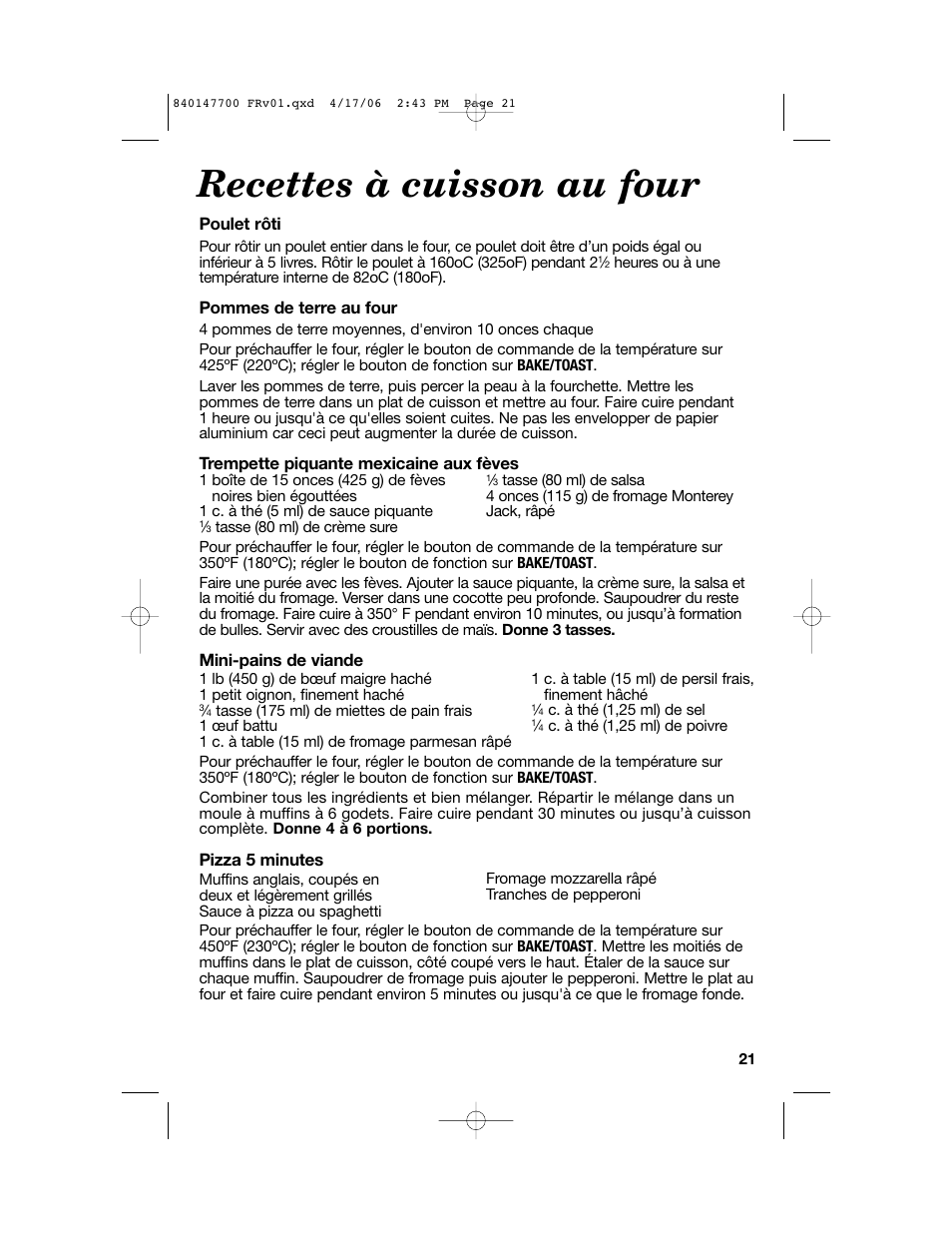 Recettes à cuisson au four | Hamilton Beach 31180 User Manual | Page 21 / 36