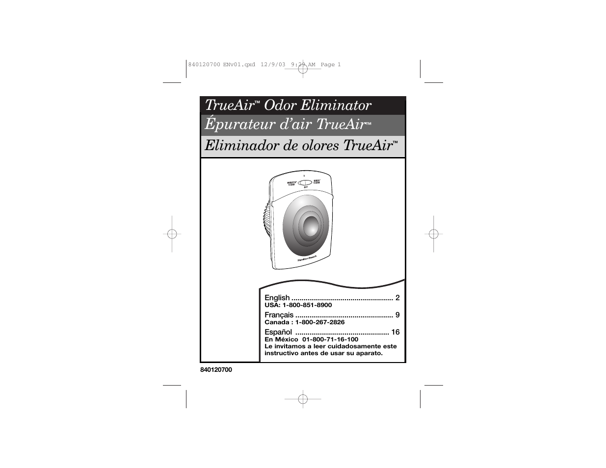 Hamilton Beach TrueAir 840120700 User Manual | 14 pages