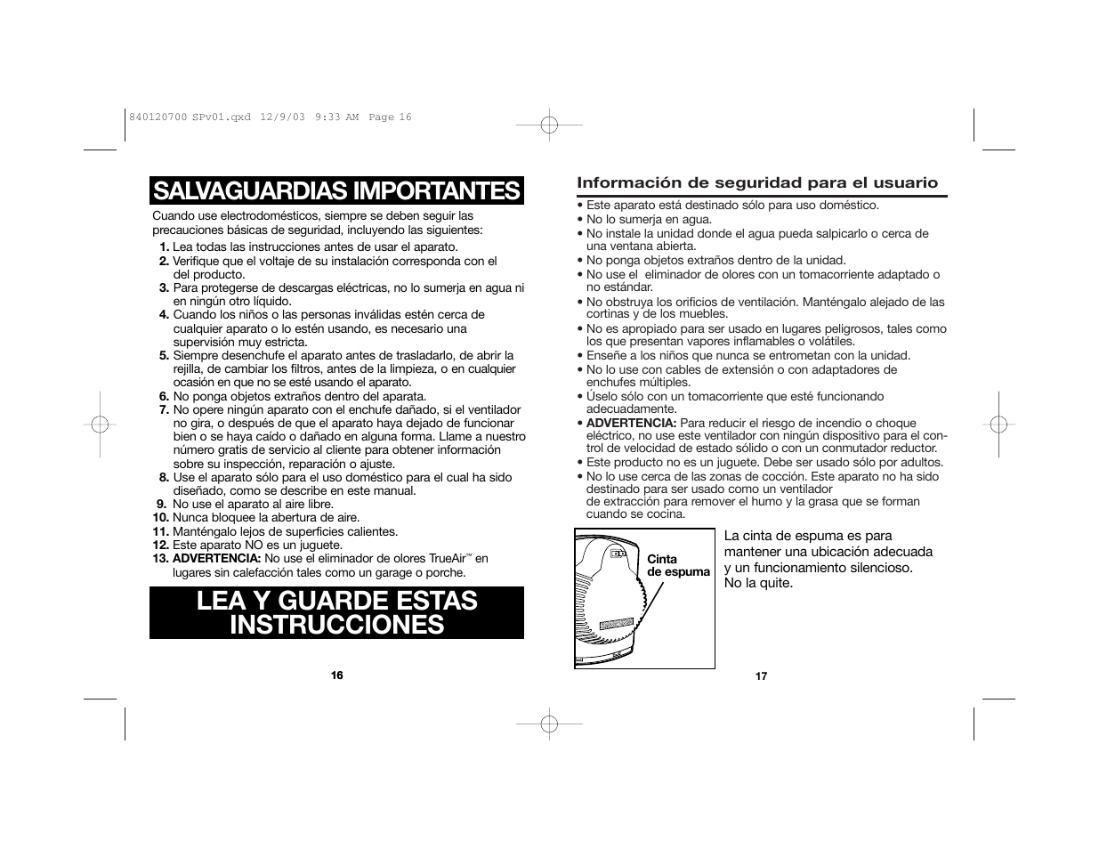 Lea y guarde estas instrucciones, Salvaguardias importantes | Hamilton Beach TrueAir 840120700 User Manual | Page 10 / 14