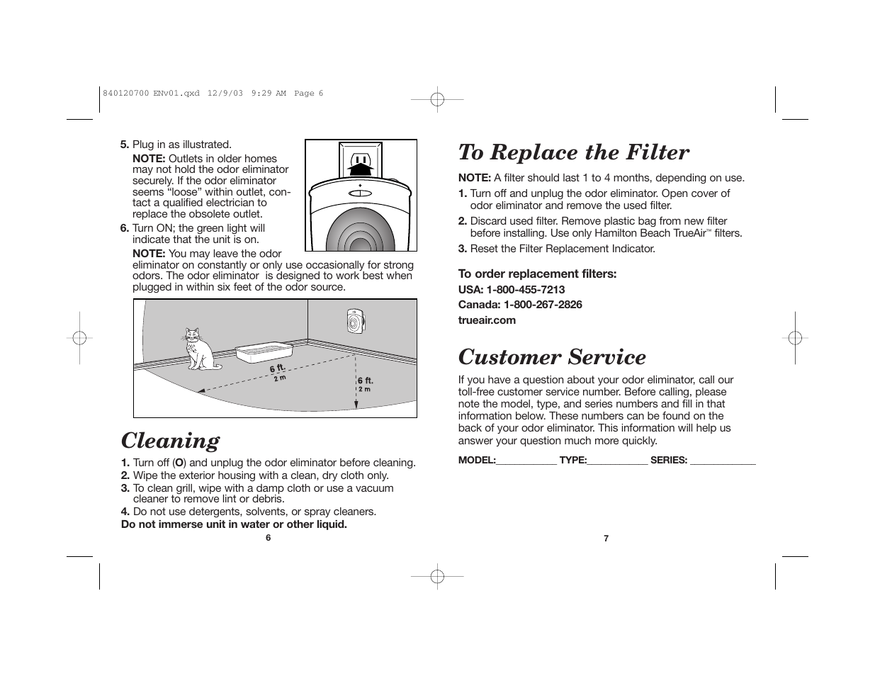 Customer service, Cleaning | Hamilton Beach TrueAir 840120700 User Manual | Page 4 / 14