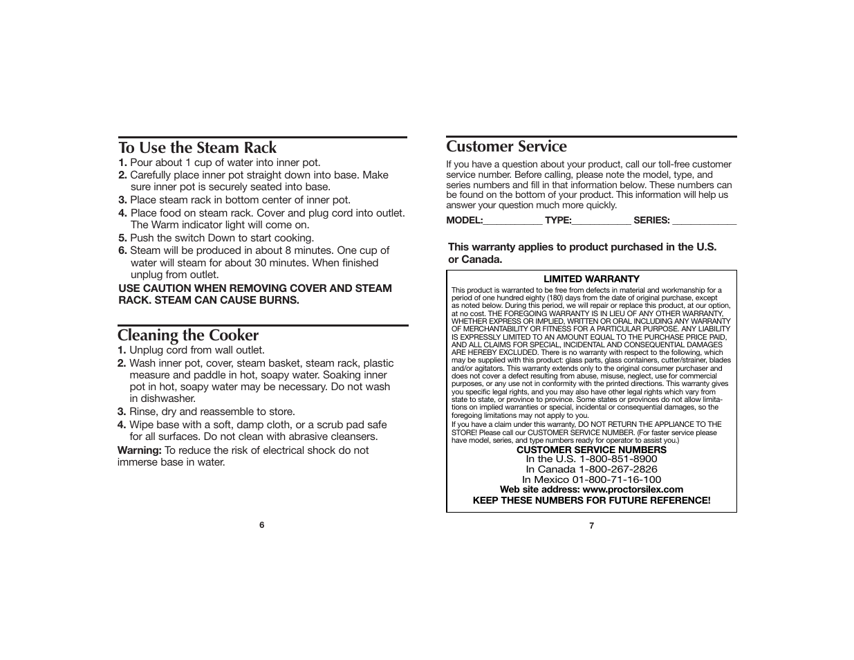 Customer service, Cleaning the cooker | Hamilton Beach 840106800 User Manual | Page 4 / 5