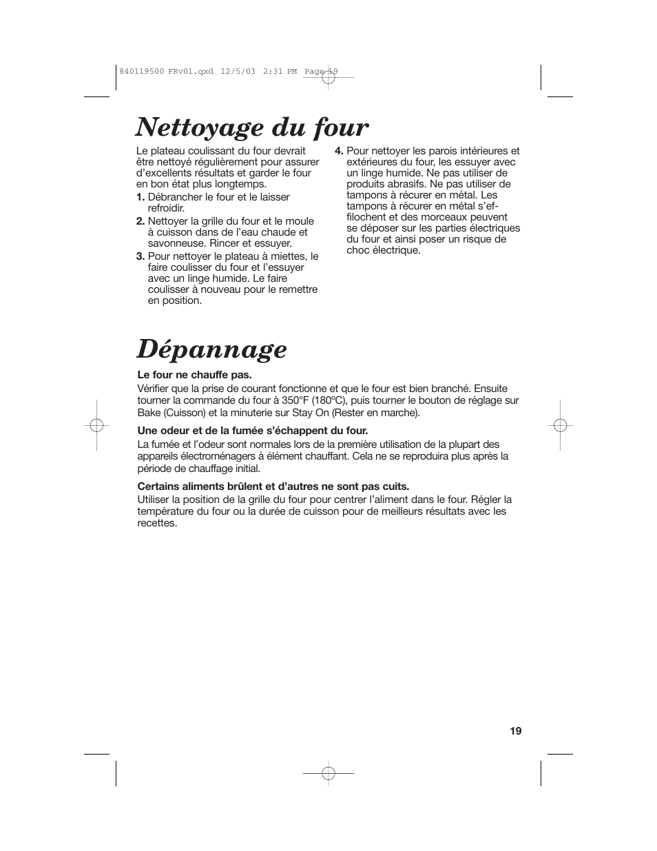 Nettoyage du four, Dépannage | Hamilton Beach 31195 User Manual | Page 19 / 36