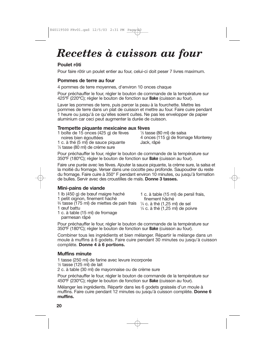 Recettes à cuisson au four | Hamilton Beach 31195 User Manual | Page 20 / 36