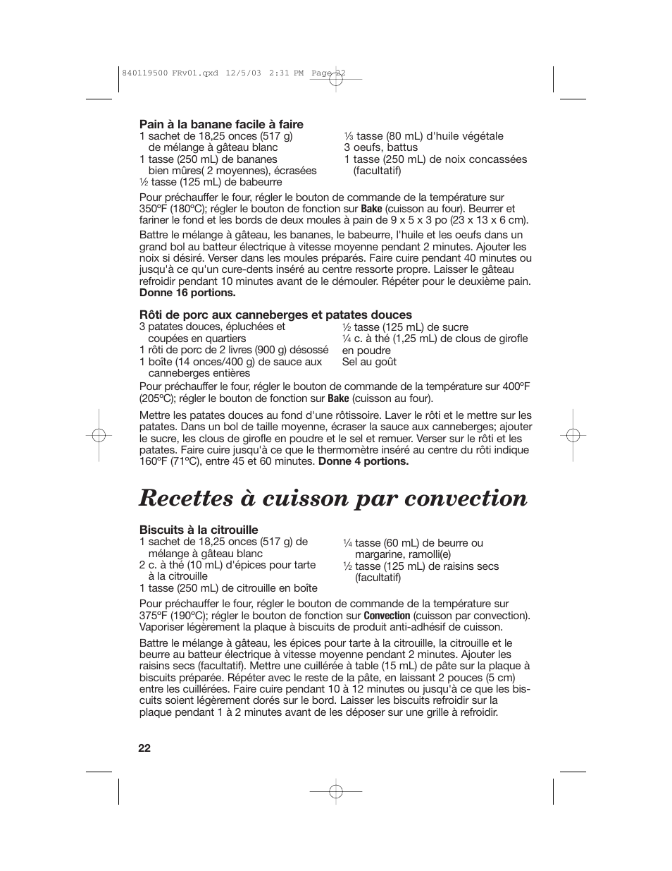 Recettes à cuisson par convection | Hamilton Beach 31195 User Manual | Page 22 / 36