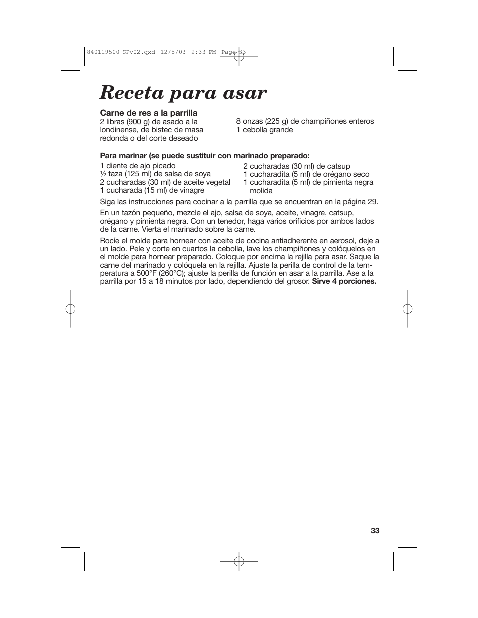 Receta para asar | Hamilton Beach 31195 User Manual | Page 33 / 36