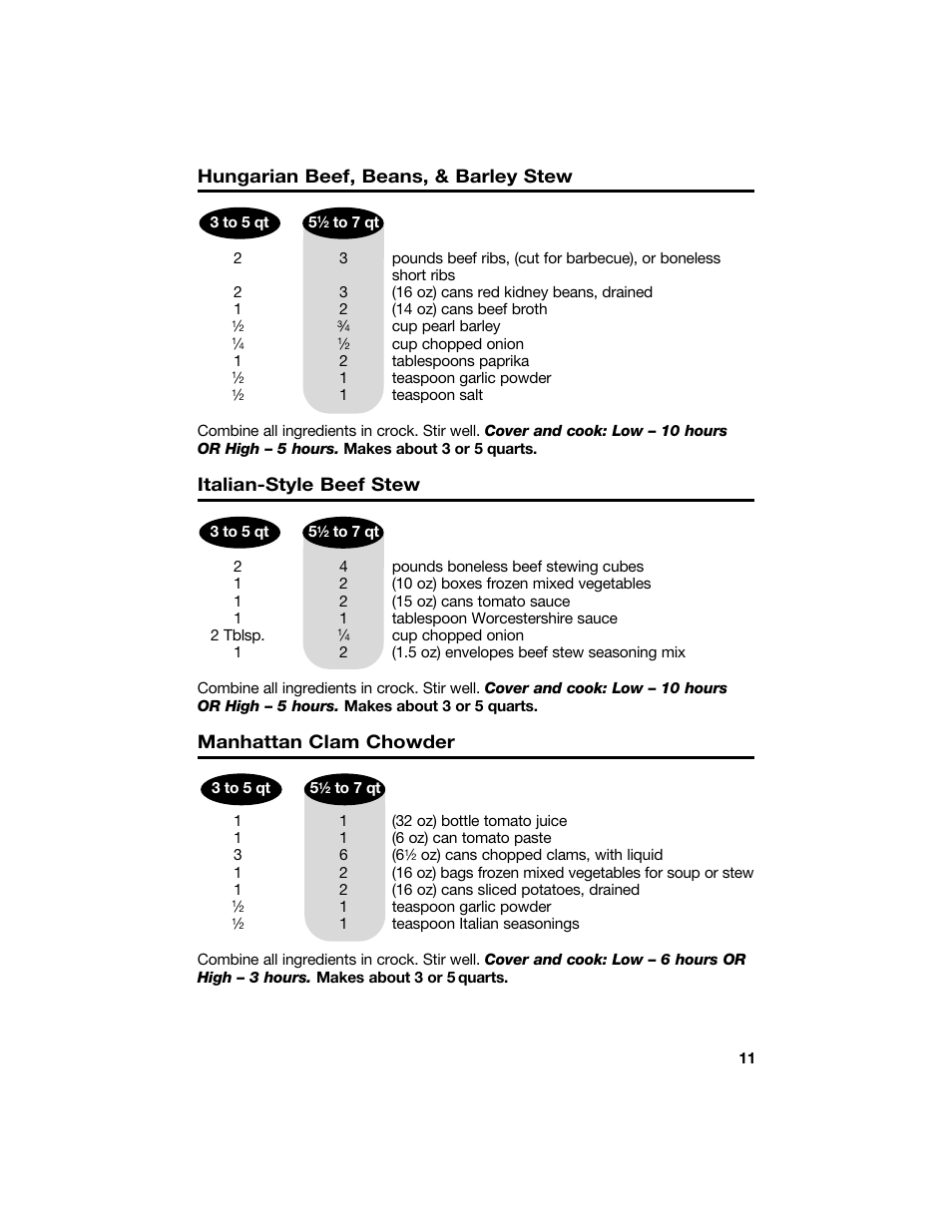 Hungarian beef, beans, & barley stew, Italian-style beef stew, Manhattan clam chowder | Hamilton Beach 840096700 User Manual | Page 11 / 24