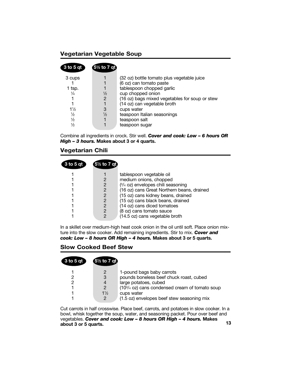 Vegetarian vegetable soup, Vegetarian chili, Slow cooked beef stew | Hamilton Beach 840096700 User Manual | Page 13 / 24
