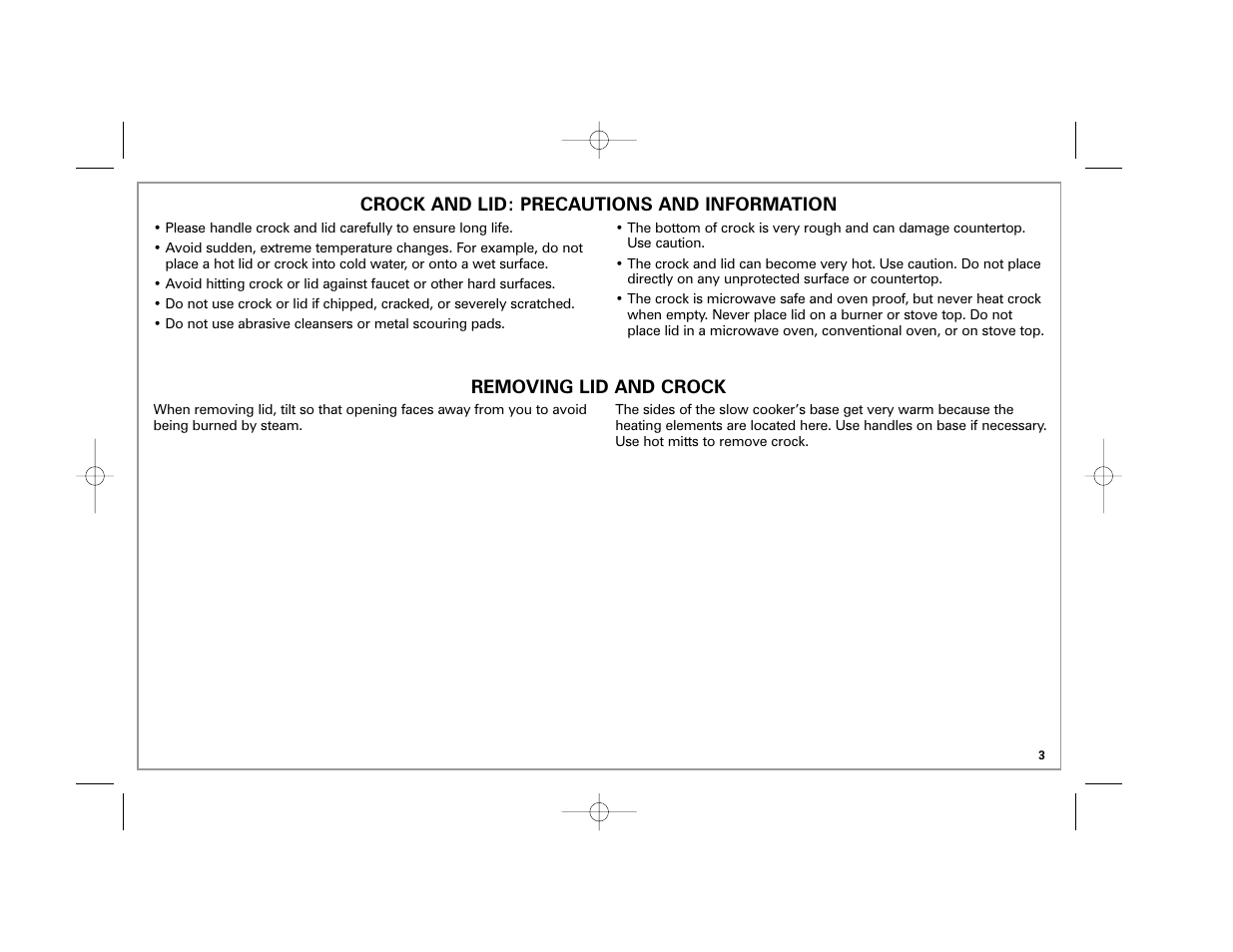 Crock and lid: precautions and information, Removing lid and crock | Hamilton Beach 33041 User Manual | Page 3 / 32