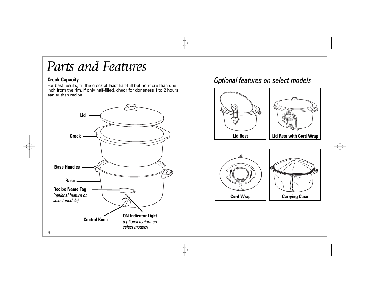 Parts and features, Optional features on select models | Hamilton Beach 33041 User Manual | Page 4 / 32