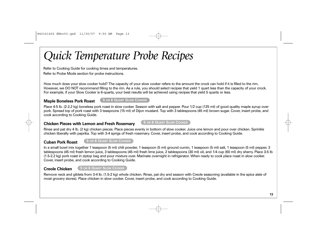 Quick temperature probe recipes | Hamilton Beach 840161402 User Manual | Page 13 / 44