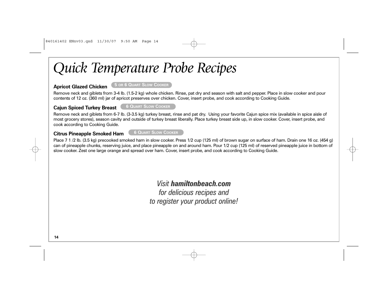 Quick temperature probe recipes | Hamilton Beach 840161402 User Manual | Page 14 / 44