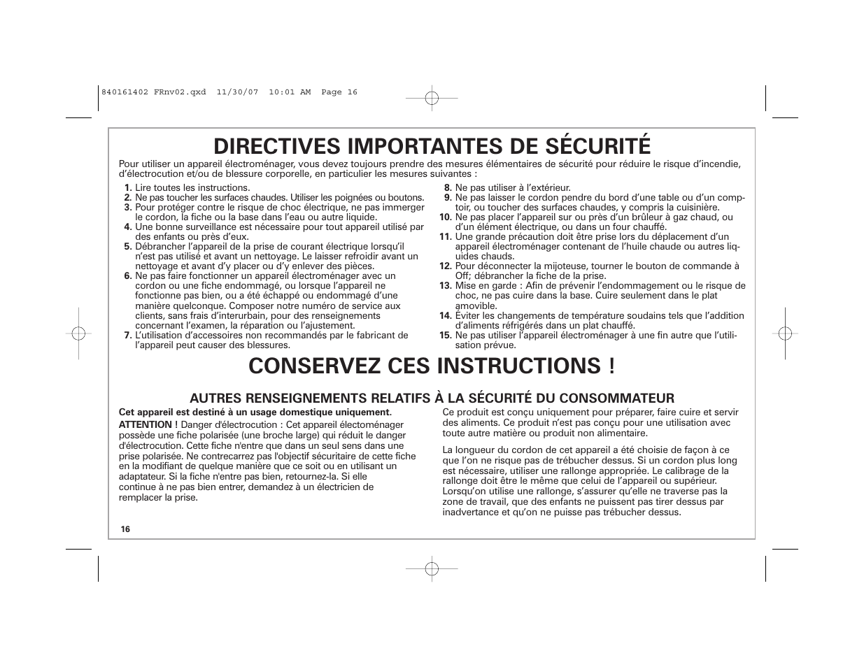 Directives importantes de sécurité, Conservez ces instructions | Hamilton Beach 840161402 User Manual | Page 16 / 44