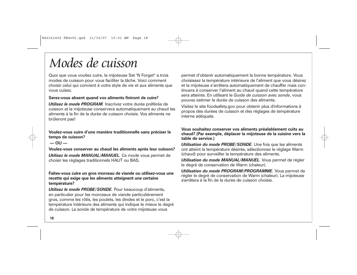 Modes de cuisson | Hamilton Beach 840161402 User Manual | Page 18 / 44